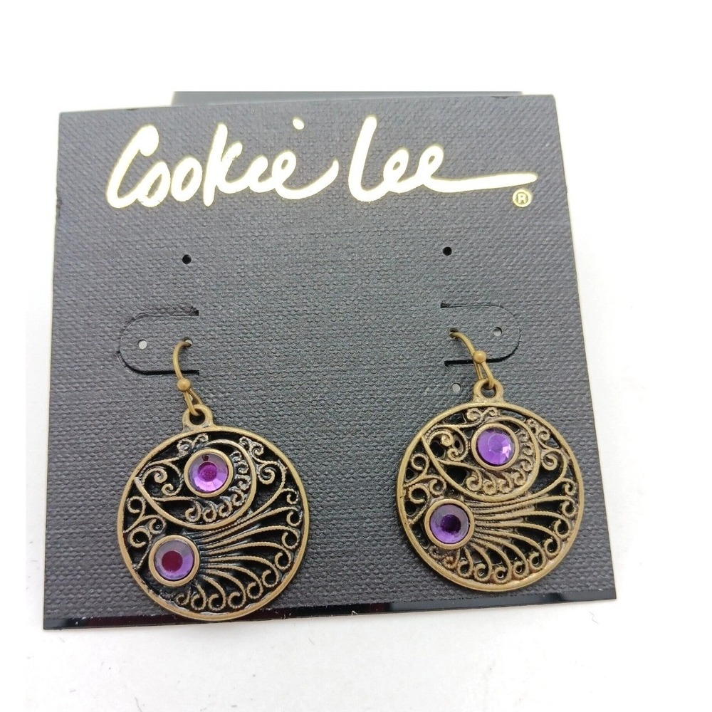 Cookie Lee Purple Rhinestone Filigree Drop Earrings Antique Brass Tone 93146